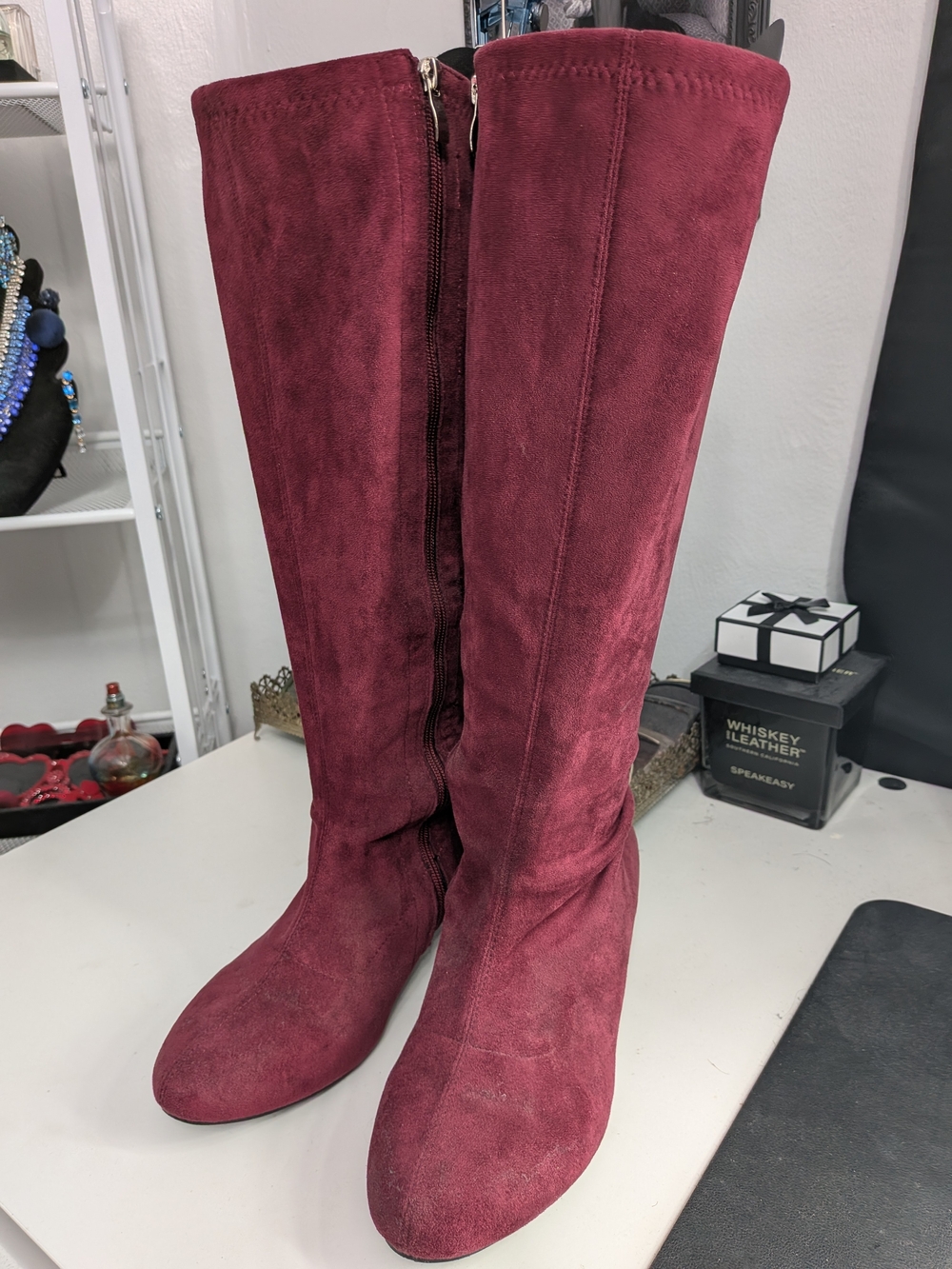 Women's Burgundy Knee-High Suede Boots